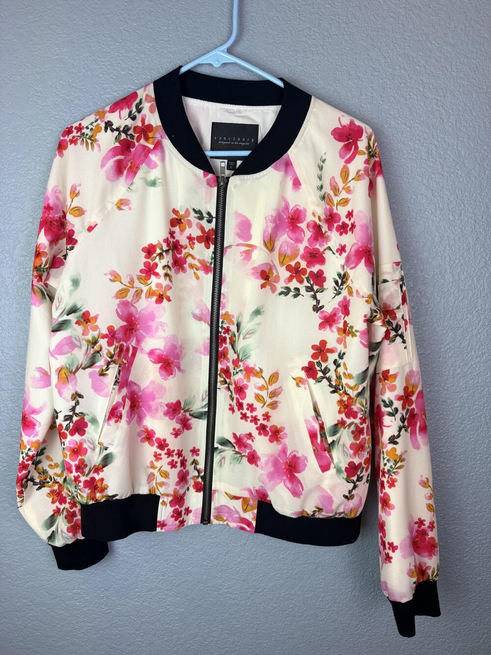 Sanctuary Jacket Womens Large Floral Bomber Cream Pink Zip Pockets Lined Spring